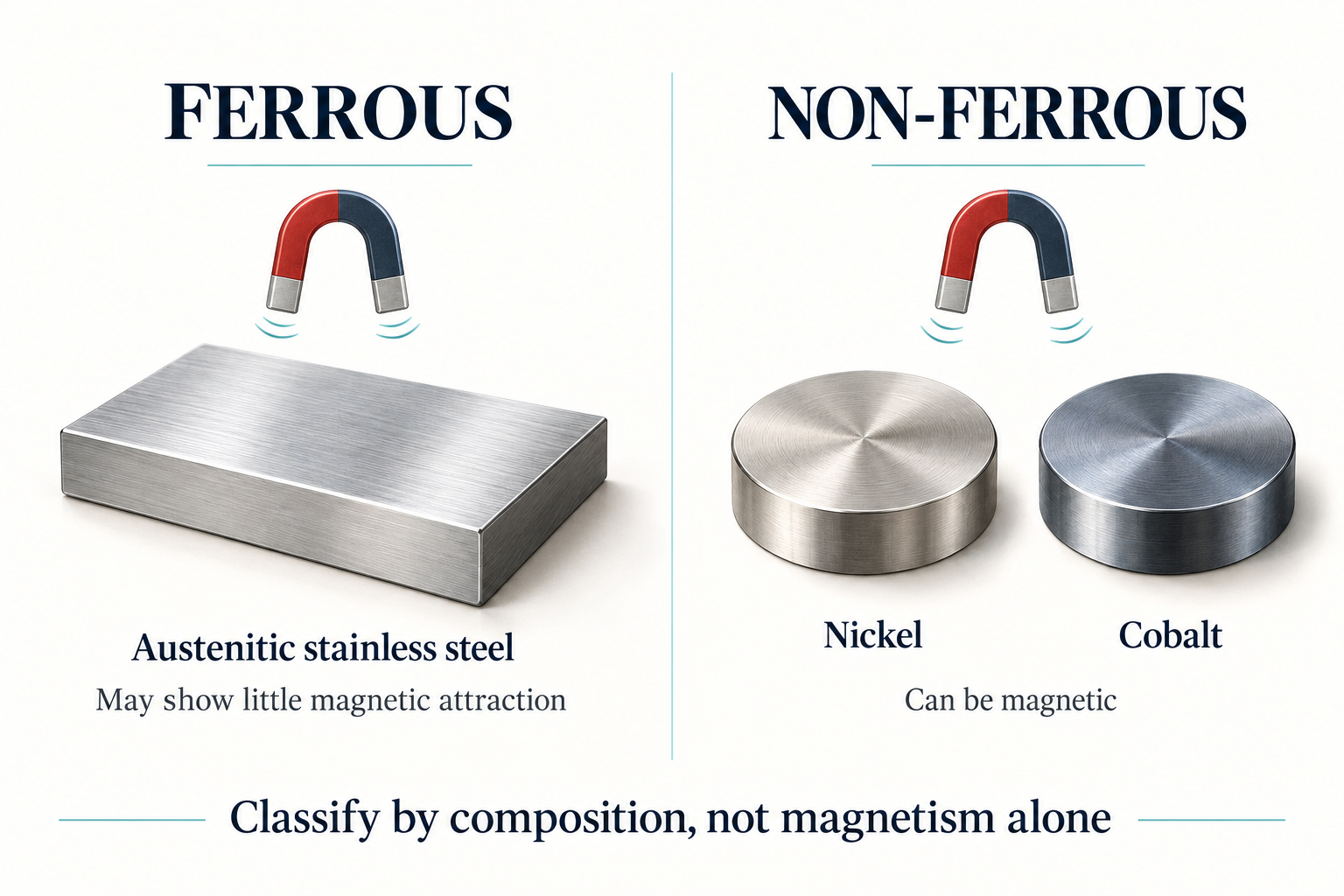 Explanatory comparison of weakly magnetic ferrous stainless steel and potentially magnetic non-ferrous nickel and cobalt