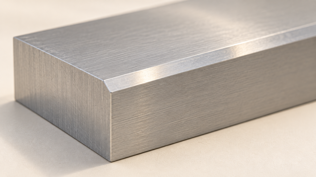 Close view of the flat chamfer strip between the top and side faces of a generic machined block