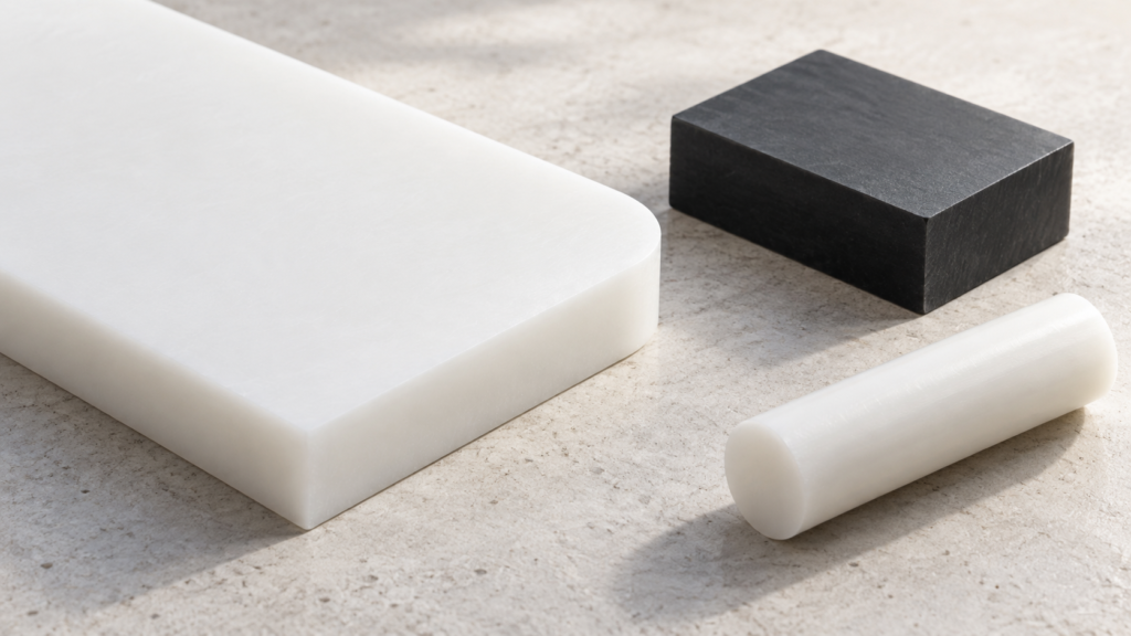 Illustrative homogeneous white polymer sheet and rod with a black plastic block